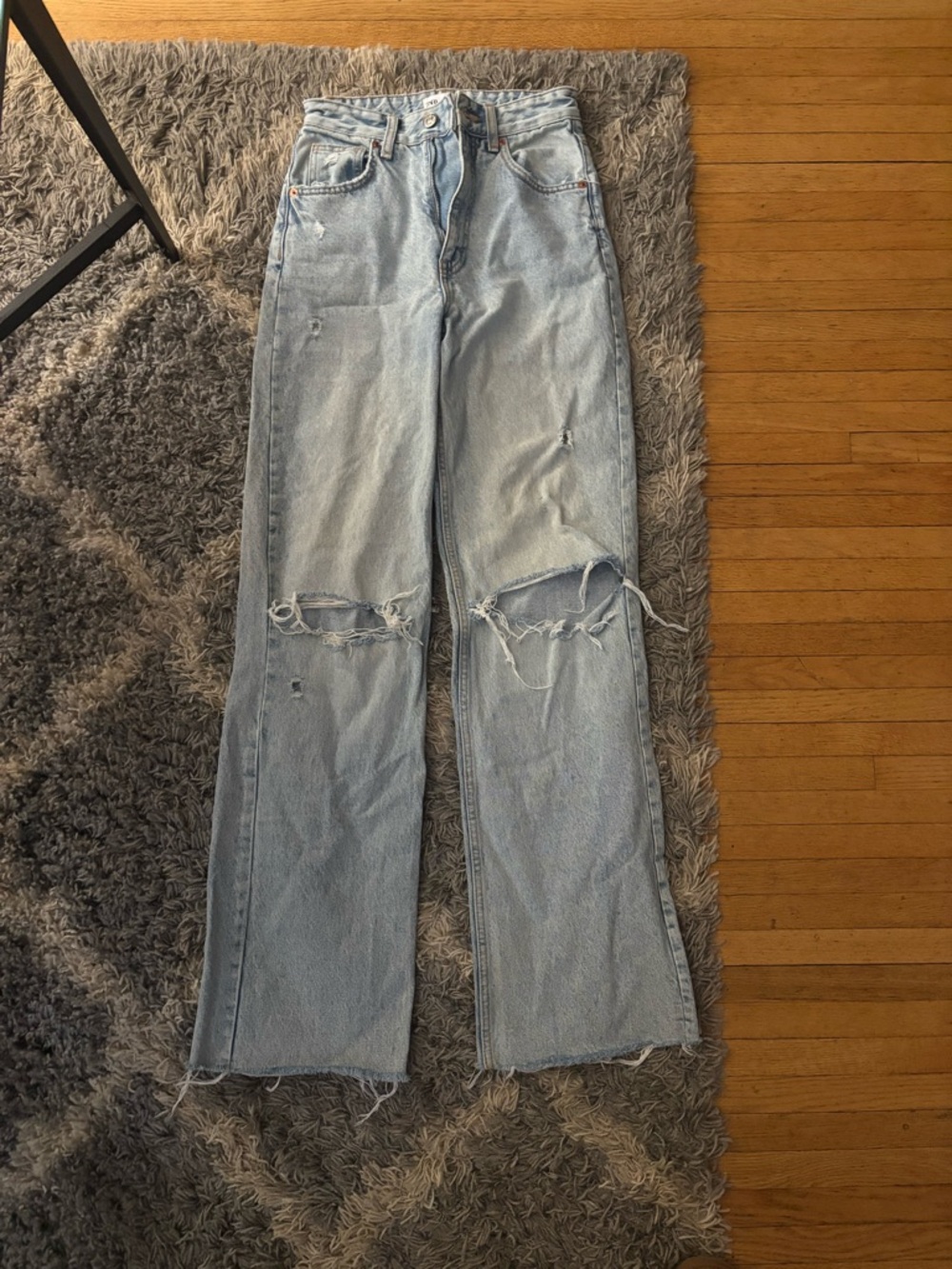 Zara Light Blue Distressed Wide-Leg Jeans